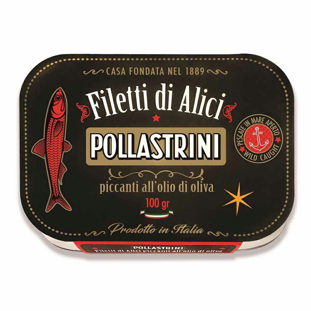 ポッラストリーニ アンチョビ・レッドペッパー＆オリーブオイル 100g×18缶(1ケース) POLLASTRINI Filetti di Alici piccanti aii' olio di oliva アンチョビのオリーブオイル漬け イタリア産 