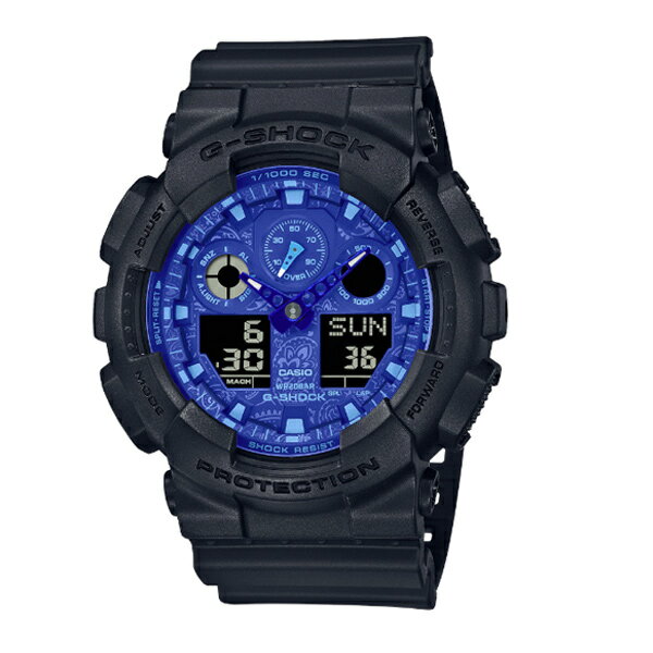 【G-SHOCK】ジーショックの時計。タフネスを追求し進化を続けるG-SHOCKから、ペイズリー柄をあしらったBLUE PAISLEYシリーズです。ベースモデルはビッグケースのGA-100を採用しています。BLUE PAISLEYシリーズでは、文字板にはバンダナなどに用いられるペイズリー柄を印刷し、ブラックとブルーを基調として仕上げました。ストリートファッションにも最適なカジュアルでスタイリングしやすいカラーモデルです。≪商品詳細≫■素材■【ケース・ベゼル材質】樹脂【バンド】樹脂バンド【ガラス】無機ガラス■サイズ目安■（メーカー表記）ケースサイズ（縦×横×厚さ）:55 × 51.2 × 16.9 mm質量:72 gバンド装着可能サイズ:145〜215mm■機能■・ワールドタイム：世界48都市・タイマー（セット単位：1分、最大セット：24時間、1秒単位で計測、オートリピート）・LEDライト（オートライト、残照機能、残照時間切替（1.5秒/3秒）付き）・フルオートカレンダー・12/24時間制表示切替・ストップウオッチ・時刻アラーム5本（1本のみスヌーズ機能付き）・時報・LED：アンバー・平均月差：±15秒