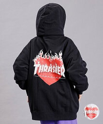 スラッシャー THRASHER/スラッシャー パーカー ジップアップ バックプリントハート柄 フレイムロゴ ビッグシルエット ムラサキスポーツ限定 THMUL-23F0002