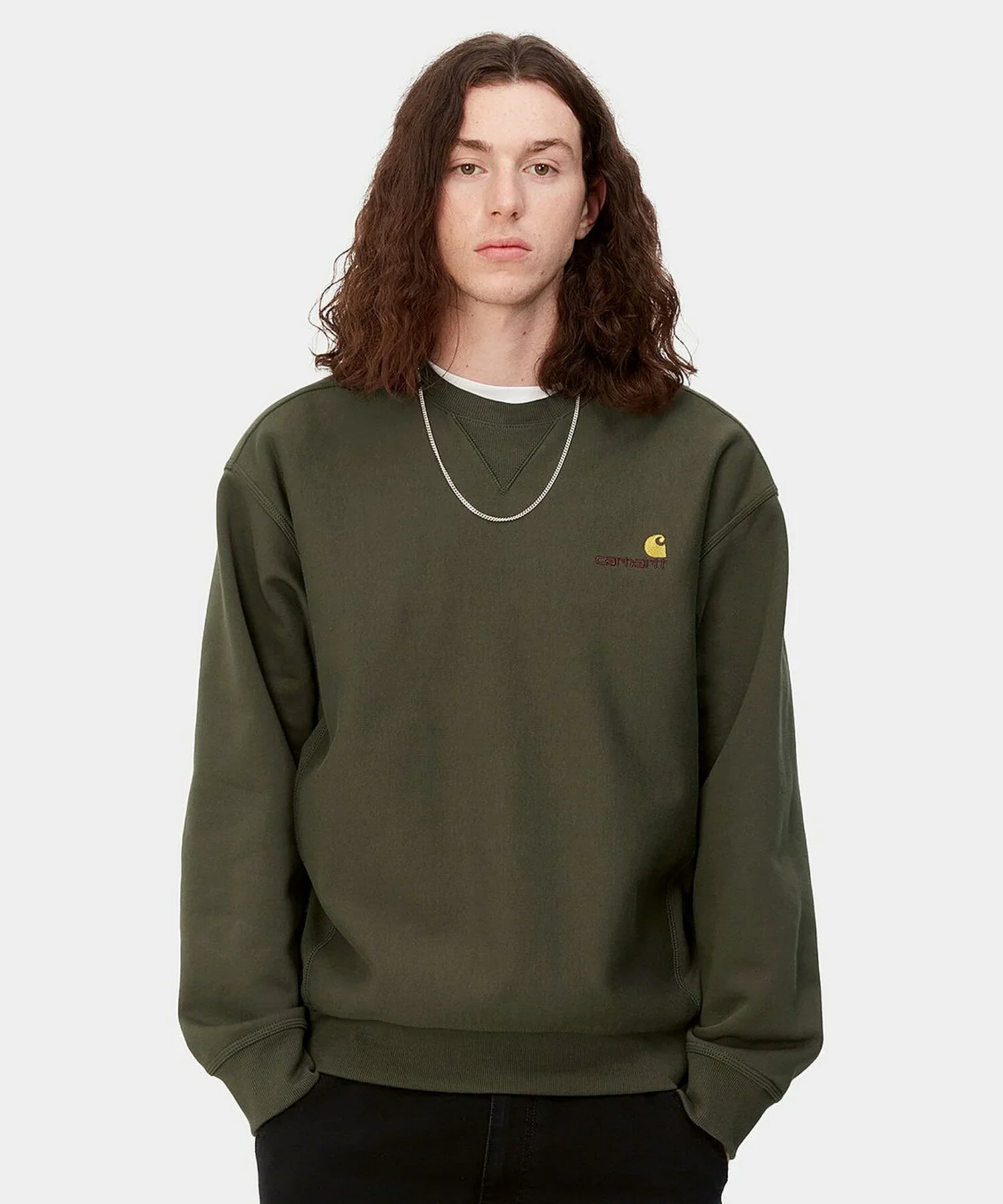 Carhartt/カーハート AMERICAN SCRIPT SWEATSHIRT アメリカンスプリクト メンズ スウェット トレーナー クルーネック 裏起毛 モスグリーン I025475