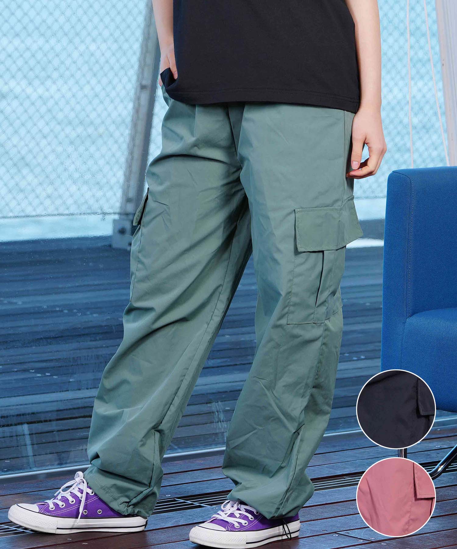 KOREA コリア レディース ナイロン カーゴパンツ ワイドルーズシルエット 韓国ストリート ムラサキスポ..