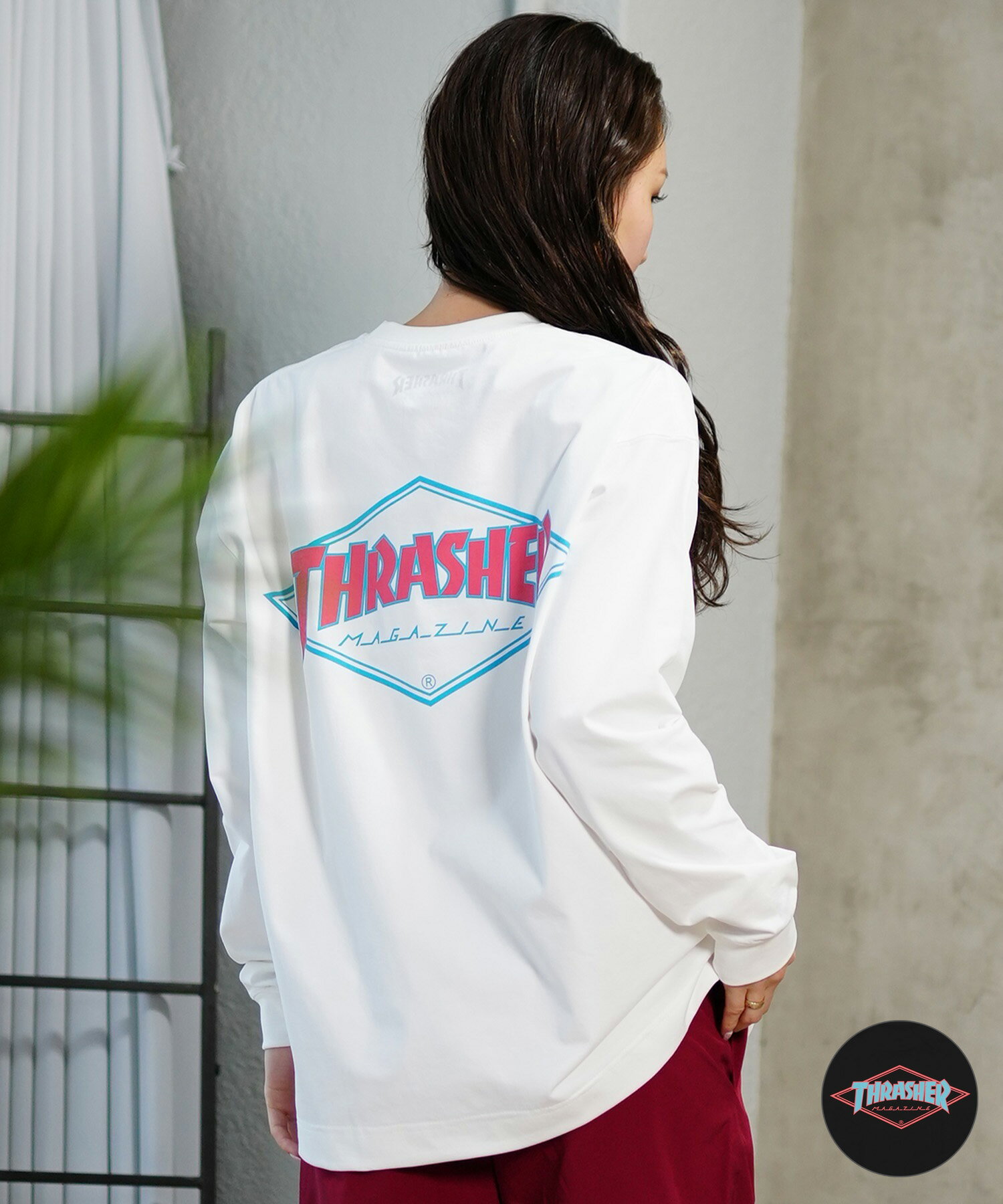 THRASHER スラッシャー 水着 ラッシュガード 長袖 Tシャツ ロンT レディース バックプリント 水陸両用 UVカット 吸水速乾 TC-005 ムラサキ...