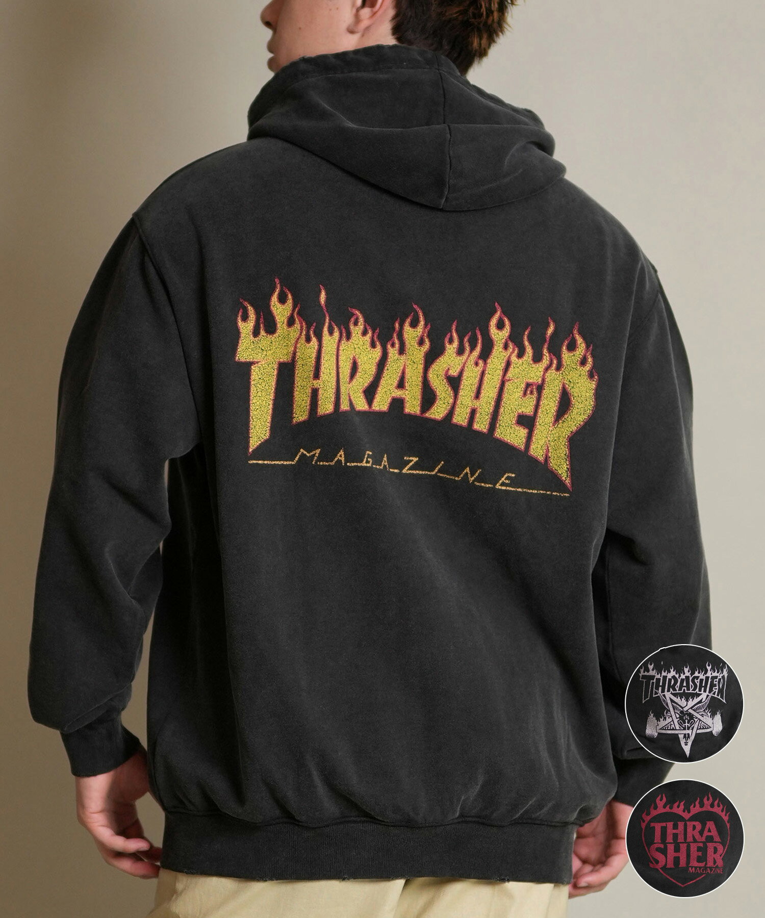 THRASHER スラッシャー ジップアップ パーカー メンズ スウェット フーディー ロゴ バックプリント ピグメント加工 ミニ裏毛 254TH1PK070