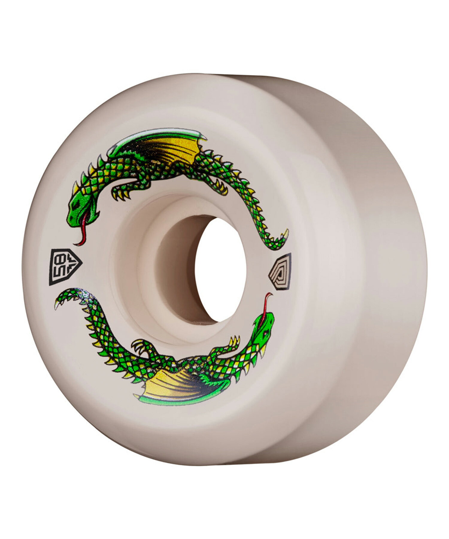 【POWELL PERALTA】パウエルペラルタのウィール。このウィールに使用されている新しい新素材のDragon Formula (DF) ウレタンは、Powell Peraltaが開発した、ウィール業界をリードする革新的なウレタン素材です。DF-93A Dragons Formula は荒れた路面でスムーズに転がるだけでなく、99Aや101Aの硬さのウィールのようにグリップするので、93Aの柔らかい硬度で様々な場所でスケートができ、通常のトリックも可能なウィールです。「Speed」DF-93A Dragons Formula は通常のハードウィールに比べて18%〜20%の高反発性を実現しているため、非常に速いスピードを得ることができます。この高反発性は、ボウルやスケートパークや荒れたストリートでもスピードが落ちることなくスケーティングが可能です。「Grip & Slide」荒れた路面でも、ツルツルの路面でも使え、必要な時にはしっかりグリップもします。これはDragons Formulaが90年代半ばに開発された普通のウィールのフォーミュラでは無く、10年以上の歳月をかけ最適化され、完璧なまでに微調整された新素材のフォーミュラだからです。このフォーミュラと同じことができるウィールは他にありません。「Durability」Dragons Formula は滑らかで早く、スライドがしやすいだけでなく、耐久性にも優れています。高性能の素材を独自のブレンドによって作られ、ウレタンが摩耗してもしっかりと摺動し、フラットスポットを作りにくい長持ちするウィールとなっています。≪商品詳細≫■サイズ■直径：58mm幅：33mm■硬度■93A※ベアリングは別売りとなっております。※4個1セット(スケートボード1台分)