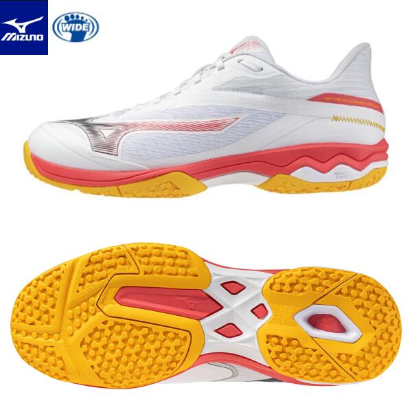 【送料無料】テニスシューズ ミズノ 61GB2518 クレー／砂入り人工芝コート ウエーブエクシードCOURT WIDE OC ユニセックス［MIZUNO テニス メンズ レディース 3E］カラー60：(ホワイト×コーラル×シトラス)