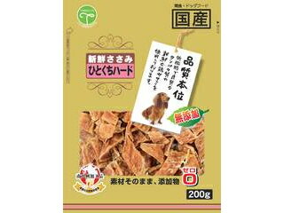 低脂肪で良質なたんぱく質の鶏ささみを素材のまま、添加剤を一切使用せず、無添加・ハードタイプに仕上げた商品です。◆◆◆原材料：鶏肉(ササミ)給与量：幼犬生後6ヶ月より(2〜5g)、超小型犬(5〜15g)、小型犬(15〜30g)、中型犬(30〜50g)、大型犬(50〜75g)愛犬の食べ方や習性によっては、のどに詰まらせることがありますので必ず観察しながらお与えください。その他パッケージ記載の与え方を参照願います。 商品情報 保証成分粗たん白質74.0％以上、粗脂肪2.5％以上、粗繊維0.5％以下、粗灰分3.0％以下、水分20.0％以下エネルギー278Kcal/100g賞味期限製造から12ヶ月製造及び原産国日本 250169000　