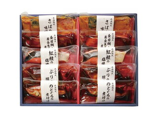 ●ブリの照り焼き90g・さばの味噌煮90g・紅鮭塩焼き60g・黄金生姜と金目鯛の煮付け100g・のどぐろの煮付け85g×各2湯せん又はレンジ調理で簡単にお召し上がりいただける煮魚焼き魚のギフトセットです。個包装の真空パックで保存にも便利です。●氷温熟成とは …山陰で生まれた製法です。0℃以下で素材が凍るまでの温度帯で加工や熟成を行う事で、素材の旨みを引き出す製法です。 商品情報 アレルギー小麦、さけ、さば、大豆、鶏肉加工地JPN：日本 240412036　