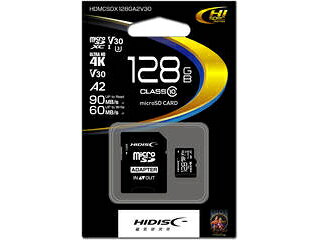 【メール便対応可10個まで】 ●規格 microSDXC●容量 128GB●スピードクラス Class10 UHS-I speed class3, v30, A2●最大読み込み速度90MB/s。最大書き込み速度60MB/s●ファイルシステム exFAT●サイズ 32mm×24mm×2.1mm●メーカー保証 1年間●備考 CPRM対応,ECC機能内蔵,動作電圧：2.7V/3.6V,動作環境温度：-25℃〜85℃HDMCSDX128GA2V3　