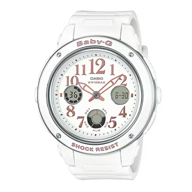 アクティブな女性のためのカジュアルウオッチBABY-Gから、華やかなアラビック数字をインデックスに取り入れたモデルが登場。 商品情報 電波修正機能×ソーラー充電機能×防水機能10気圧防水サイズ/重さ47.5×42.8×12.8mm 　/　43g BGA150EF7BJF　