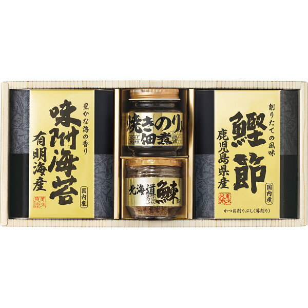 ●北海道産鰊フレーク50g×1、焼きのり入佃煮85g×1、鹿児島県産鰹節(2g×3)×1、有明海産味附海苔(8切10枚入)×1シリーズ累計販売250万セット突破！北海道産の鰊フレーク、小豆島で製造された焼き海苔入りの佃煮、鹿児島県産鰹節など選りすぐりの逸品を詰合せた和風ギフトです。 商品情報 アレルゲン小麦、えび、大豆、魚介類原産国日本 247614026　