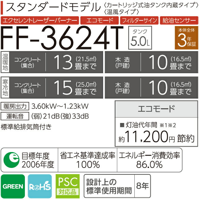 【温風タイプ／FF式】 TOYOTOMI トヨトミ FF-3624T-W FF式ストーブ「FFシリーズ」スタンダードモデル(カートリッジ式油タンク内蔵)(温風タイプ) メーカー3年間の本体全体保証
