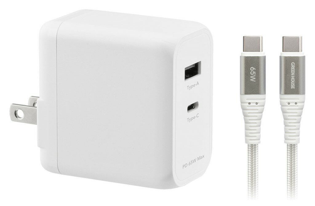 GREEN HOUSE グリーンハウス GH-ACU2GC-WH USB-AC充電器 2ポート 65W USB Type-Cケーブル付き