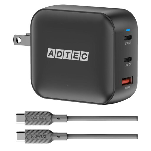 ADTEC アドテック APD-V100AC2-BK-SCU2 Power Delivery対応 GaN AC充電器/100W/USB Type-A 1ポート Type-C 2ポート/ブラック ADTEC アドテック APD-V100AC2-BK-SCU2 Power Delivery対応 GaN AC充電器/100W/USB Type-A 1ポート Type-C 2ポート/ブラック