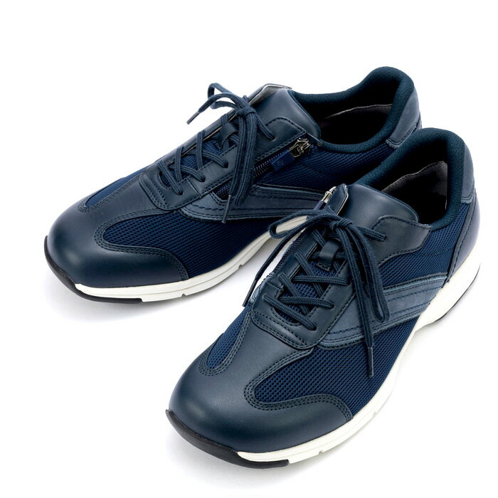 メディカルウォークMS-C【人気の定番メンズモデル】新カラーとしてダークネイビーが登場しました。深みのあるダークトーンは、 ブラックよりも堅くならず落ち着きのあるカジュアル感を演出してくれます。アッパー素材は通気性の良いメッシュ素材、つま先やかかと部分などには 天然皮革を採用しています。内側ファスナー付きのため、着脱が簡単です。 履き込む程に足に馴染むため、年間を通してお履きいただけます。 様々なシーンで活躍する人気のアイテムです。■SHM(R)機能の3大メリット1.ひざ関節を守る理想的な歩行をサポート2.ひざへの衝撃を分散吸収しやすい構造3.ひざを安定させる ももの内側の筋肉への働きかけ■内側にファスナー付き。■アウトソールの特殊配合ラバーは、従来のラバーにカーボンを特殊配合し粘性を高め、グリップ力の向上を図りました。■ファスナータブ（引き手）を前に倒せば、ファスナーをロックできて安全です。また、フィット感を損なわずに歩けます。■「フットグラファー」の分析により、足の裏にかかる足圧を最適に各部位へ誘導。へたりにくくソフトな使用感のインソールです。■当社独自の足型測定器『フットグラファー』により、全国で測定されたデータを基に作られた快適設計の足型を採用。革製品のお取り扱い注意・商品及びパーツ毎に差が発生する場合があります。 革の部位によりシワの入りかたや艶感が均一ではありませんが、職人の手で仕上げた天然皮革の風合いをお楽しみ下さい。・強い摩擦や雨など濡れた状態で他の物と接触することにより、 色移りや素材自体の色むらを起こす恐れがありますのでご注意下さい。・直射日光や蛍光灯などの長時間照射により色あせることがありますので、ご注意下さい。・メタリック素材は、革の表面に金属の箔を付着させる加工を施しているため、 非常にデリケートな素材になります。そのため使用期間に関わらず、お使いいただく中で摩擦等により、表面にひび割れや箔剥がれが起こることがあります。 商品情報 原産国カンボジア足囲4E素材表材：合成繊維/天然皮革 底材：合成底ヒール外寸約3.5cm KV77206　