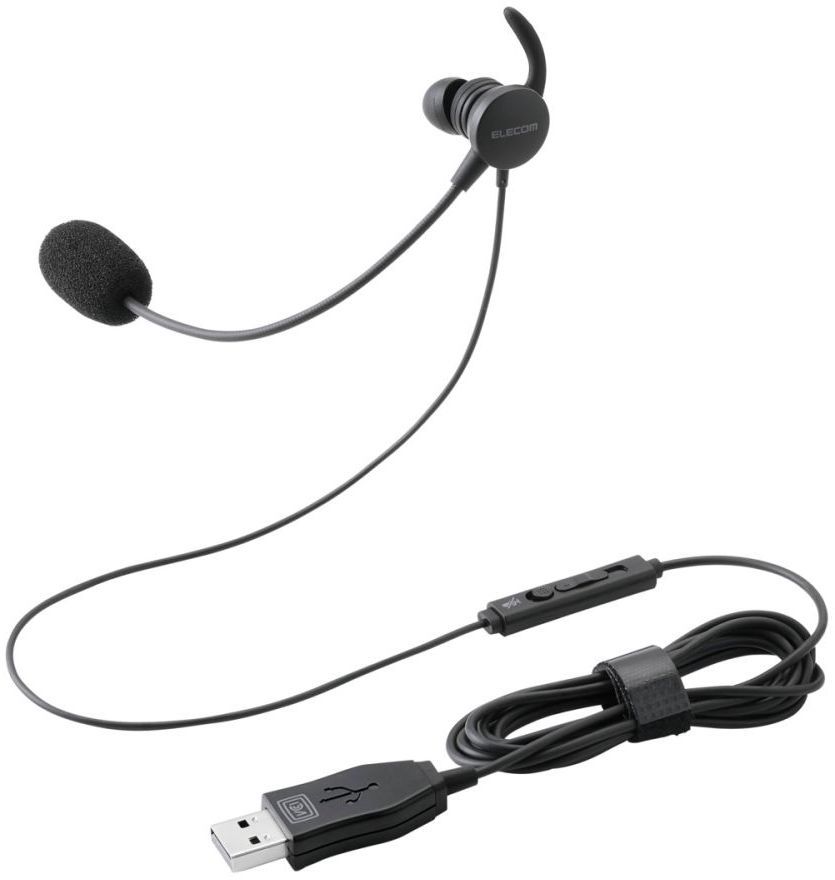 ELECOM エレコム マイクアーム付インナーイヤー型ヘッドセット/片耳/USB/ブラック HS-EP21MUBK