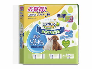 ペットがなめても安心純水99％ペット用ウェットティッシュ詰め替え用お得な3パック入り。 商品情報 材質素材：レーヨン系不織布成分：水、PG、安息香酸、EDTA-2Na、ベンザルコニウムクロリド、ブチルカルバミン酸ヨウ化プロピニル、ポリアミノプロピルビグアニド、(C12-14)パレス-12シート1枚あたりのサイズ20×14cm原産国または製造地日本 012968000　