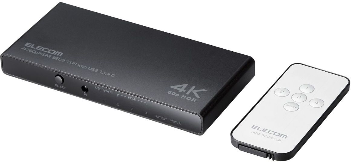 ELECOM エレコム HDMI切替器/4K60Hz対応/3入力(HDMI)+1入力(USB Type-C)・1出力(HDMI)/専用リモコン付 DH-SW4KC41BK