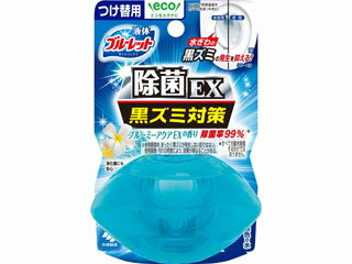 ●除菌処方で、水ぎわの黒ずみの発生を抑え※、お掃除が楽になります。※黒ずみの発生原因になる菌の繁殖を抑えます。ただし、すべての菌を除菌するわけではありません。●洗浄・防汚成分を配合、便器をコートし、汚れの付着を抑え、便器のきれいを保ちます。(使用環境・汚れの程度により、効果が異なることがあります。水の流れない部分の汚れは防げません。)●便器の輝きを保ちます。●流れる水は無色です。●除菌率99％です。(すべての菌を除菌するわけではありません。メーカーの実験室内の検証結果による。)●標準的な使用で約1ヶ月間(3〜4週間)使用できます。(気温・水温・水量などにより、多少変化します。)●製品はタンク内の器具をいためず、浄化槽及び浄化槽内のバクテリアや防露タンクにも影響を与えません。※メーカーの都合により、パッケージ・仕様等は予告なく変更になる場合がございます。【使用方法】注意：ボトルについている止栓キャップを絶対にはずさないでください。★効果を発揮させるために、便器を掃除してからご使用ください。(1)使用済のボトルをタンクの上でひねりながらはずす(2)逆さまに持って突起部で止栓キャップを突き破ってセットする。※脚部では、ささない。(3)脚部を差し込む。(4)液の通りをよくするためにボトルを2〜3回へこむ程度強く押す。・セットが不十分な場合は液がこぼれ、短期間でなくなる場合があります。・容器に直接水があたらなくても使えます。・「液体ブルーレットおくだけ除菌EX・つけ替用」は、液が減りづらくなったら本体をお求めください。・薬剤がなくなりましたら、専用の「つけ替用」をお求めください。「液体ブルーレットおくだけ除菌EX・つけ替用」は、他の「液体ブルーレットおくだけ」の下容器にも使えます。【使用できないトイレ】・タンクに手洗いのないトイレ・タンクの水をおしり洗浄に使うトイレ・簡易水洗トイレ(くみ取り式)【使用上の注意】・用途外には使用しない。・小児、認知症の方などの誤飲に注意する。・小児、認知症の方などの手の届くところに置かない。・火気の近くや直射日光の当たるところ、高温になる場所で保管・使用しない。・水の流れが強すぎたり水の量が多すぎると、水がはねたり、まれに容器が倒れ穴をふさぎ水があふれる場合がある。その場合はタンク横の止水栓で水流を弱めるなど調節をする。・使用中、本品を逆さま、横倒しにしない。万一そのような状態になった場合は、もとの位置に戻す。・タンクの手洗い部分の排水口に網がある場合、手洗い部の水の流れが悪い場合、下容器が汚れてきた場合などは、水があふれるのを防ぐためにときどき網・下容器を清掃する。【応急処置】・目に入った場合は、目を傷めることがあるのでこすらずすぐ流水で15分以上洗い流し、ただちに眼科医に相談する。・飲み込んだ場合、吐かせずコップ1〜2杯の水を飲ませる。・皮ふについた場合は、水で充分に洗い流す。・気分が悪くなったときは、使用を中止する。・異常のある場合は製品の説明書きを持参し、医師に相談する。 商品情報 サイズW80×D50×H124mm内容量70ml生産国日本材質・成分香料、界面活性剤(非イオン、陽イオン) 044292