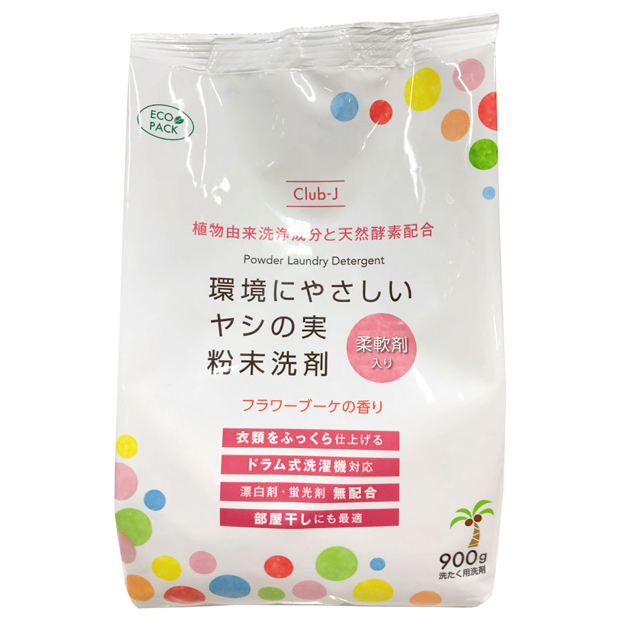●洗浄成分の界面活性剤にはすべて植物原料ヤシ、パームを使用しています。●衣類をふっくら仕上げる柔軟剤入りの粉末洗剤です。●ドラム式洗濯機にも対応しています。●漂白剤・蛍光剤は無配合です。●部屋干しにも最適です。●フラワーブーケの香り。●省資源化のため、計量スプーンは入れておりませんので、お手持ちの洗剤計量スプーンをご使用ください。ご使用の際は、計量スプーンの容量とあわせて、洗濯機の取扱説明書を必ず確認の上、ご使用ください。※メーカーの都合により、パッケージ・仕様等は予告なく変更になる場合がございます。【用途】綿・麻・合成繊維用【標準使用量】一般洗濯機：水量30Lに対し25gドラム式洗濯機：洗濯物量2kgに対し25g手洗い：水量4Lに対し3g※すすぎ洗いは2回おこなう事をオススメします。※頑固な汚れには、つけ置き洗いや部分洗いが効果的です。【使用上の注意】・用途以外に使用しないでください。・思わぬ事故が生じる恐れがありますので乳幼児の手の届く所に、落下・転倒する所に置かないでください。・子供のシャボン玉遊びや、いたずらに注意して、手の届く所に置かないでください。・長期間の保管は避け、高温多湿の場所に置かないでください。・使用後は手を水でよく洗い、クリームなどでのお手入れをオススメします。・肌が荒れやすい方、長時間使用する場合、また洗剤をブラシに付けて洗うときは炊事用の手袋をご使用ください。【応急処置】・目に入ったときは、こすらずただちに水でよく洗い流してください。・万一飲み込んだ時は、吐かずに水や牛乳を飲ませるなどの処置をしてください。いずれの場合も異常が残る時は、商品を持参して専門医にご相談ください。 商品情報 サイズW140×D80×H220mm内容量900g生産国インドネシア成分界面活性剤(16％、ポリオキシエチレンアルキルエーテル、アルキルエーテル硫酸エステルナトリウム)、水軟化剤(アルミノけい酸塩)、アルカリ剤(炭酸塩)、工程剤(硫酸塩)、柔軟成分、酵素液性弱アルカリ性 020316　