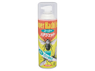 速効性に優れた薬剤がハチを素早く落として駆除蜂の巣の処理、お庭、キャンプ場など野外で駆除も安心！スーパーハチジェット（480mL）　アシナガバチ、クマバチ、ミツバチ、アブ、ブユの駆除に強力噴射スプレー！ハチの巣処理も！内容量：480mL対象生物：アシナガバチ、クマバチ、ミツバチ、アブ、ブユ 商品情報 サイズ径5.3×高さ14.4cm主成分d-d-T80-プラレトリン質量180g ECT102　