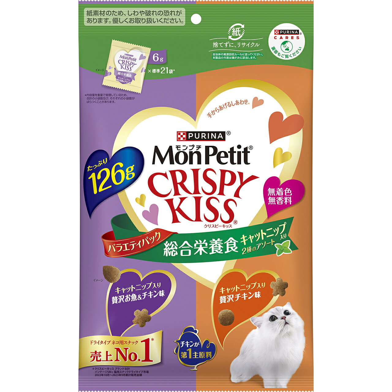 1袋に2つのおいしさ！大人気の総合栄養食キャットニップフレーバー2種が楽しめる！グルメなネコちゃんも満足する大袋バラエティパック！ネコちゃんに必要な栄養をバランスよく配合した総合栄養食。チキンが第一主原料でネコちゃんが夢中になる美味しさ。キャットニップ配合。美味しくかんでストレスケアにも。無着色無香料。■原材料【キャットニップ入り 贅沢お魚＆チキン味】 チキン、米、牛脂、コーングルテン、たんぱく加水分解物、モルトエキス、フィッシュパウダー、ぶどう糖、酵母、ひまわり油、キャットニップパウダー、海藻粉末、にんじん、えんどう豆、ミネラル類(カルシウム、リン、カリウム、ナトリウム、クロライド、鉄、銅、マンガン、亜鉛、ヨウ素、セレン)、ビタミン類(A、D、E、K、B1、B2、パントテン酸、ナイアシン、B6、葉酸、ビオチン、B12、コリン)、アミノ酸類(タウン)、酸味料、酸化防止剤(ミックストコフェロール)【キャットニップ入り 贅沢チキン味】 チキン、米、牛脂、コーングルテン、たんぱく加水分解物、モルトエキス、ぶどう糖、酵母、ひまわり油、キャットニップパウダー、海藻粉末、にんじん、えんどう豆、ミネラル類(カルシウム、リン、カリウム、ナトリウム、クロライド、鉄、銅、マンガン、亜鉛、ヨウ素、セレン)、ビタミン類(A、D、E、K、B1、B2、パントテン酸、ナイアシン、B6、葉酸、ビオチン、B12、コリン)、アミノ酸類(タウリン)、酸味料、酸化防止剤(ミックストコフェロール) 商品情報 保証成分たんぱく質29％以上、脂質15％以上、粗繊維4％以下、灰分10％以下、水分10％以下エネルギー393kcal/100g賞味期限18ヶ月原産国または製造地アメリカ 007813000　