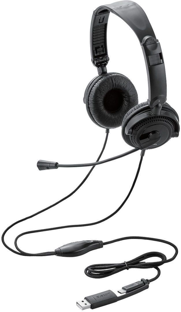 ELECOM エレコム モバイルヘッドセット/両耳オーバーヘッド/単一指向性マイク/約1.2m/Type-C端子/USB-A変換 HS-HP10SCBK