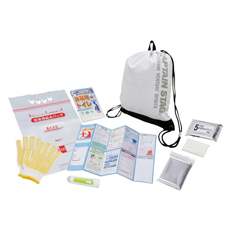 地震や台風など非常時の備えに。ナップサックは手提げ・リュックの2WAY。リップ生地の採用により裂けや破れに強く、しなやかでやわらかな質感です。 商品情報 原産国中国・日本・タイ製素材・材質ポリエステル内容ナップサック（約450×340mm）×1、非常用給水バッグ（3L）・ハンディライト・非常用トイレ・防寒シート・ポケットティッシュ（8W）・防災用ウエットティッシュ（20枚）・すべり止め手袋・防災ガイド×各1電源単3×1（別売）　