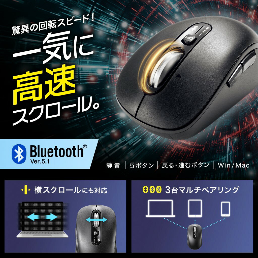 SANWA SUPPLY サンワサプライ MA-BBS529BK Bluetooth ワイヤレスマウス チルト/高速スクロール マルチペアリング 静音 小型 戻る/進むボ