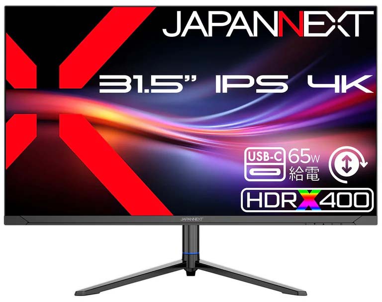 フルHD(1920x1080)の4倍の高解像度は複数のウィンドウの同時表示を可能にし、圧倒的な高生産性を実現します。 あらゆる角度から見ても色やコントラストの変化がおきにくいIPSパネルを搭載し、広視野角上下左右178°を実現します。本製品のIPSパネルは、より深い黒の表現を可能にすることで、色彩の豊かさと正確性を一段と高めています。従来のIPSパネルと比べて非常に高いコントラスト比「2000:1」を実現し、優れた色再現性はプロフェッショナルワークにも最適です。最大輝度400cd/m2、sRGB:100%(DCI-P3:96%、Adobe RGB:90%)の広色域に対応した液晶パネルは、HDR400相当の性能を持ち、コンテンツを色鮮やかに映し出します。HDR(ハイダイナミックレンジ)に対応。明るい部分も暗い部分もくっきり表現しリアルに迫った深みのある映像を演出します。HDR対応のブルーレイディスクやビデオ・オン・デマンド、ゲームなどの表示が可能です。HDCP2.2対応で4K配信動画もお楽しみ頂けます。高さ調整が可能な昇降式多機能スタンドを搭載、最大130mmの範囲(横置時)で最適な高さに画面を調整可能です。また、縦画面として使用出来るピボット(回転)機能にも対応します。スイーベル(首振り)機能は、左右各15°の範囲で動かせます。インターフェイスはHDMI2.0 x1 (60Hz)、DisplayPort1.4 x1 (60Hz)とUSB-C x1 (60Hz/最大65W給電)を装備し、様々な機器との接続が可能です。USB-C(最大65W給電)は、対応のPCであればUSB-Cケーブル1本でモニターへの映像出力とノートPCへの給電が可能。ケーブル1本でスッキリ接続出来るだけでなく、テレワーク、出社併用の場合などノートPCのACアダプターを持ち運ぶ必要が無くなります。KVM機能に対応。モニターに接続したキーボード、マウスをデスクトップPCやUSB-C接続のノートPCで入力を切り替えた際にもそのまま使用可能です。 モニター画面のフリッカー(ちらつき)、およびブルーライト(青色光)を軽減し、目の負担を軽くします。75x75mmのVESAマウントに対応しますので、別売りのモニターアームなどに使用が可能です。2Wx2のスピーカーを搭載します。本製品には、2年間のメーカー保証が付きます。 商品情報 液晶パネルサイズ:31.5インチ 解像度名称:4K 解像度:3840×2160 HDR:対応 輝度(cd):400 Sync:FreeSync リフレッシュレート（Hz）:60 パネル種類:IPS(ADS) 表面処理:2Wx2 スピーカー:非光沢 入力端子:対応コントラスト比2000:1外形寸法(スタンド付)高さ　横置き483-613mm　　　 縦置き735-751mm 幅　　横置き715mm 縦置き425mm. 奥行206mm スタンド幅430mm 高508mmx幅794mmx奥行192mm製品重量約6.1Kg梱包総重量約8.1KgVESAマウント75x75mm(M4x7mm)付属品マニュアル 保証書 VESAマウント延長スペーサー 電源ケーブル USB-Cケーブル HDMIケーブル USB-A to USB-Bケーブル JNIPSB315UHSPC6　