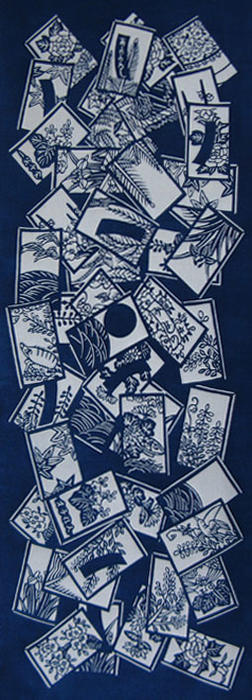 花札こいこい手拭い　灰汁発酵建て【天然藍染　ねこの染物屋】