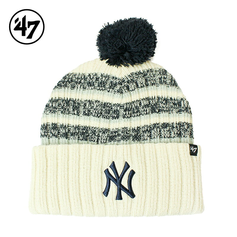 '47　ニット帽　ボンボンビーニー　ボーダー　ニューヨーク　ヤンキース　Yankees Tavern Cuff Knit Natural　メジャーリーグ