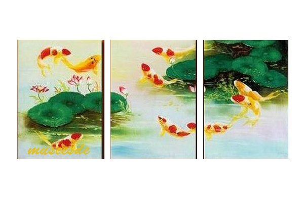 【絵画】【手書き】【壁掛け】【油絵】【自然画】【花】【インテリア】『パネルアート』3パネルSET 新中国風 和風 蓮と鯉 ハスと金魚 緑 P3H037