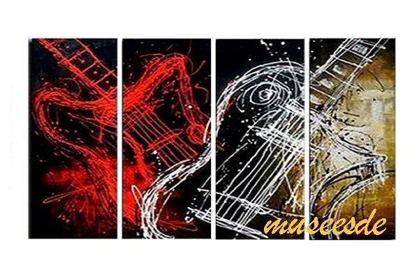 【ミュゼ・デユ】【手書き】【油絵画】【モダン】【インテリア】【壁掛け】【絵画】【自然画】【抽象画】【凹凸】【グラデーション】【モノトーン】『パネルアート』4パネルSET和風　ヨーロッパ風　楽器　音楽　ギター　黒赤　P4M038