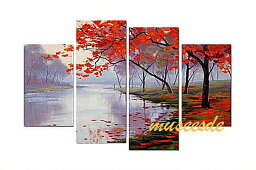 【ミュゼ・デユ】【手書き】【壁掛け】【油絵画】【自然画】【モダン】【インテリア】【風景画】 『パネルアート』4パネルSET 和風 中国風 秋の紅葉 赤色 P4F013