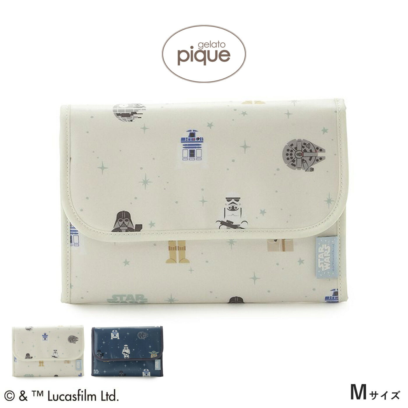 gelato pique ジェラートピケ 通販 STAR WARS 総柄母子手帳ケースM ppgb262504 スターウォーズ コラボ キャラクター ジェラピケ ママグッズ ママアイテム 抗菌防臭 健康保険証 診察券入 収納ケース コンパクト ギフト プレゼントにオススメ セレクトショップムー 【商品キーワード】 ★gelato pique母子手帳ケース★gelato pique(ジェラートピケ) STAR WARS 総柄母子手帳ケースM ppgb262504 ■素　材■ 表生地:綿100%/裏生地:ポリエステル100% ■サイズ■ M：たて18cm 横24.5cm ポケット内（個数）18個 ※サイズ表記について商品によって同サイズや同色等であっても各商品毎に誤差がある為、 サイズ表記はあくまでも目安としてご参照ください。 ■　色　■ CRM(クリーム) NVY(ネイビー) ■詳　細■ こちらの商品は衛生上の観点から返品・交換不可となります。 【STAR WARS / スウィートな銀河をプリントした母子手帳ケースM】 【Fabric】 表地はコーティングしたコットン生地を使用。裏地には優れた抗菌防臭機能をプラスし、菌による臭いの発生を抑えます。 水や摩擦にも強く、耐久性に優れた素材です。 【Design/Styling】 心のときめきを、銀河の星々や惑星のきらめきにかけて。 世界中の映画ファンを虜にするスペース・オペラ『スター・ウォーズ』の世界観を、甘くとろける大人のデザートに掛け合わせた、 gelato pique ならではのスペシャルなルームウェアが誕生しました。 ミントやクッキー&クリーム色の星々が浮かぶ壮大な宇宙に、 人気キャラクターの絵柄やロゴのデザインを散りばめたママグッズのシリーズです。 ほどよい収納力でマルチに使えるMサイズの母子手帳ケースは、中身が見やすいジャバラ式の仕切り付き。 カードが入るスリットやファスナーポケットも付いており、母子手帳や病院の診察券、お金などをしっかりまとめられます。 スナップボタンで厚み調整できるので、中身が急に増えても安心。表地のコットンは水や摩擦に強い加工を施し、 裏地は抗菌防臭機能が付いた生地を使用しました。色は優しいクリームと落ち着いたネイビーの2色展開。 同シリーズのママバッグと合わせたり、KIDS、BABYのルームウェアとリンク・コーディネートもお楽しみいただけます。 ※柄の出方には個体差がございます。 ※商品画像はサンプルのため、色味やサイズ等の仕様に変更がある場合がございますので、予めご了承ください。 ※照明の関係により、実際よりも色味が違って見える場合があります。 またパソコン・スマートフォンなどの環境により、若干製品と画像のカラーが異なる場合もございます。予めご了承ください。 商品の色味は、商品単品画像をご参照下さい。 ※柄物の商品については、柄の位置が商品ごとに違い、商品画像とは違う配置の柄が届く場合もございますので、 予めご了承ください。 【洗濯表記】 洗濯表示の詳しい説明はコチラ ■他にも■ 【gelato pique】の商品一覧はコチラ 【母子手帳ケース】アイテム一覧はコチラ 【STAR WARS】アイテム一覧はコチラ 【ギフトラッピング】はコチラ