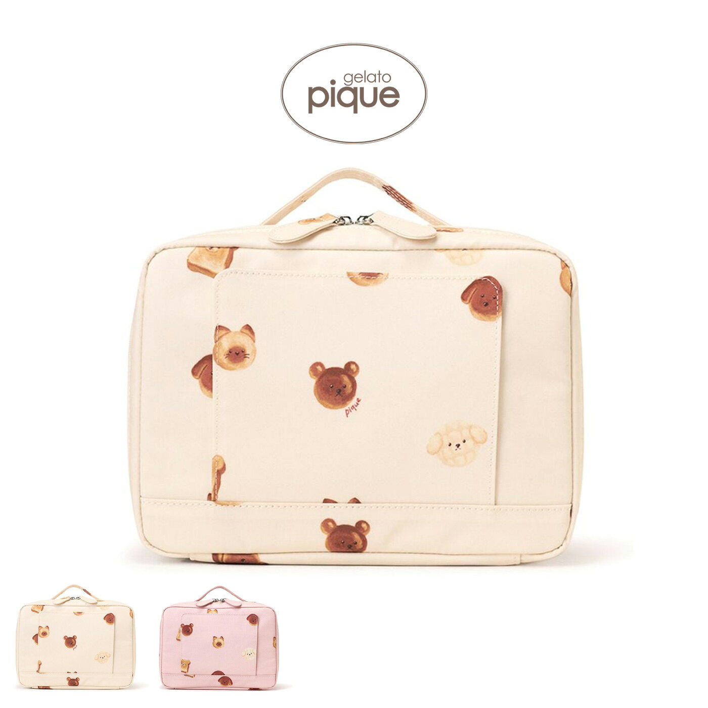 gelato pique ジェラートピケ 通販 抗菌防臭 アニマルブレッドおむつポーチ ppgb264552 ママグッズ ママアイテム ベビーアイテム ベビーグッズ 赤ちゃん オムツ収納 出産祝い ギフト プレゼントにおすすめ セレクトショップムー 【商品キーワード】 ★gelato piqueバッグ・ポーチ★類似商品はこちらSALE20%OFF ジェラートピケ gela4,576円ジェラートピケ gelato pique 抗菌10,890円ジェラートピケ ベビー gelato piqu3,190円再販商品はこちら2026/8/25SALE40%OFF スナイデル SNIDEL17,820円2026/8/25SALE20%OFF ジェラートピケ gela5,984円2026/8/25セルフォード CELFORD フリルラメ刺繍ト6,600円2026/08/25 更新 gelato pique(ジェラートピケ) 抗菌防臭 アニマルブレッドおむつポーチ ppgb264552 ■素　材■ 表生地:綿100%/裏生地:ポリエステル100% ■サイズ■ FREE たて:16cm,横:23cm,マチ:8cm,持ち手長:17.5cm,ポケット外（個数）:1個 ポケット内（個数）:2個 ※サイズ表記について商品によって同サイズや同色等であっても各商品毎に誤差がある為、 サイズ表記はあくまでも目安としてご参照ください ■　色　■ CRM(クリーム) PNK(ピンク) ■詳　細■ こちらの商品は衛生上の観点から返品・交換不可となります。 【こんがり焼けたアニマルブレッド柄のおむつポーチ】 【Design/Styling】 可愛い動物たちの焼き立てパンをモチーフにした、アニマルブレッドシリーズのママ雑貨です。 こんがり焼けたベアやドッグ、ウサギなどのパンを総柄プリントしたおむつポーチ。ダブルジップで開閉しやすい、 Lサイズのおむつが6枚入るスクエア型です。フック等に掛けられるハンドル付きで、外出先や宿泊先などでも使いやすいデザイン。 背面のポケットにはウェットティッシュも収納可能です。表地のコットンは水や摩擦に強い加工を施し、 裏地は抗菌防臭機能が付いた生地を使用しました。色はクリームとピンクの2色展開。同シリーズのママバッグと合わせたり、 お揃いの柄のKIDS、BABYアイテムとリンク・コーディネートもお楽しみいただけます。 ※柄の出方によって個体差がございます。 ※柄物の商品については、柄の位置が商品ごとに違い、商品画像とは違う配置の柄が届く場合もございますので、 予めご了承ください。 ※照明の関係により、実際よりも色味が違って見える場合があります。 またパソコン・スマートフォンなどの環境により、 若干製品と画像のカラーが異なる場合もございます。 予めご了承ください。 商品の色味は、商品単品画像をご参照下さい。 ※商品画像はサンプルのため、色味やサイズ等の仕様に変更がある場合がございますので、 予めご了承ください。 【洗濯表記】 洗濯表示の詳しい説明はコチラ ■他にも■ 【gelato pique】の商品一覧はコチラ 【おむつポーチ】アイテム一覧はコチラ 【アニマルブレッド】アイテム一覧はコチラ 【ギフトラッピング】アイテム一覧はコチラ