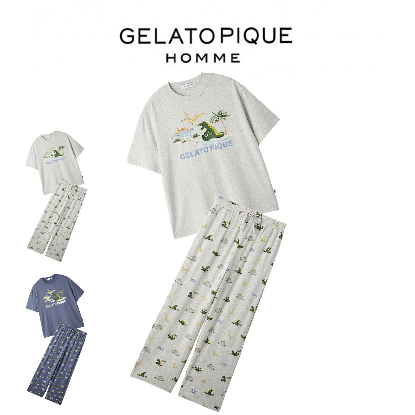 ジェラートピケ オム GELATO PIQUE HOMME 接触冷感 スリーピングダイナソーワンポイントTシャツ ロングパンツセット pmcp262922set pmct262921 父の日 ジェラピケ メンズ パジャマ 上下セット ひんやり 2026夏 ギフト プレゼントにおすすめ セレクトショップムー
