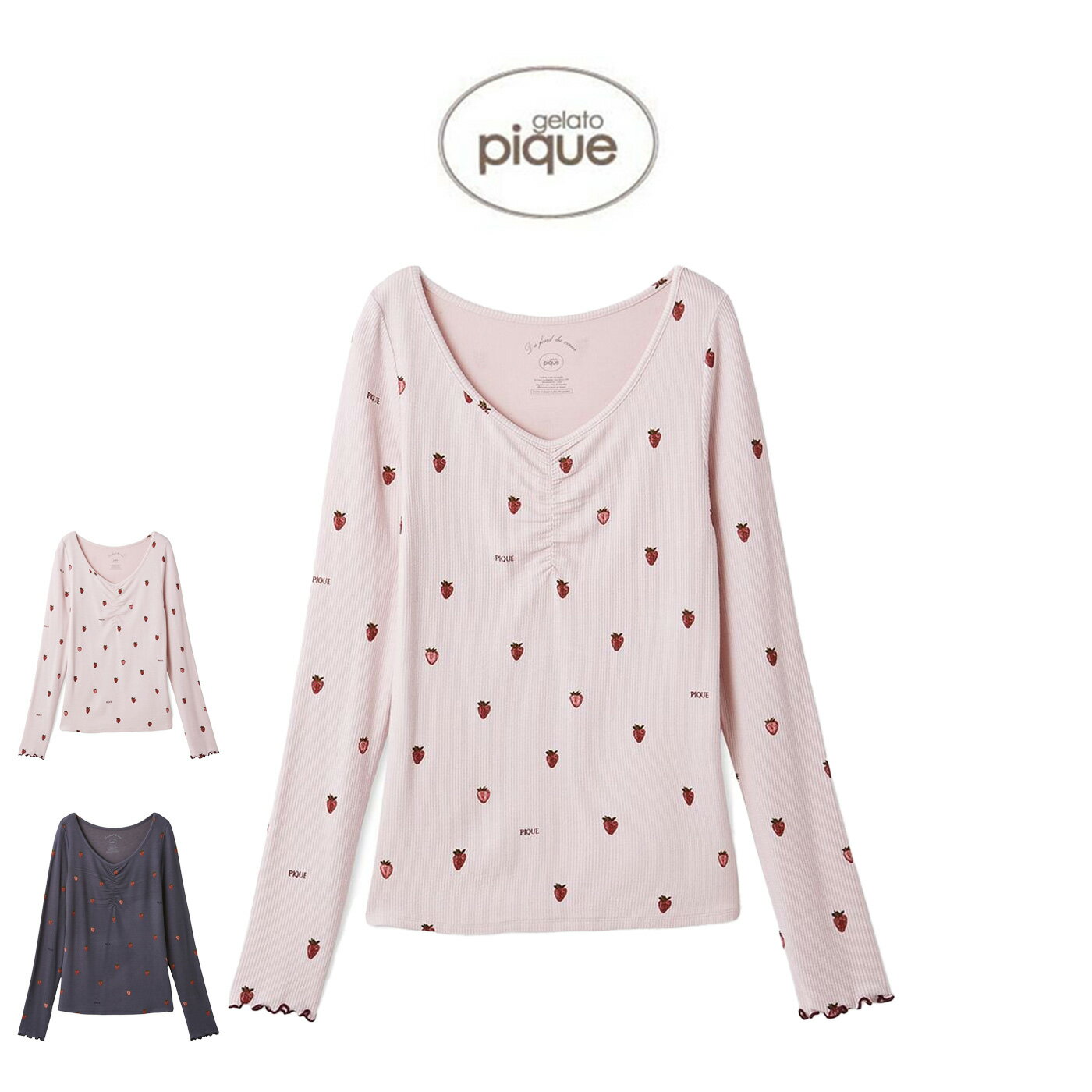 ひなた　ジェラートピケ イチゴ柄ルームウェアセット　ホワイト ジェラートピケ gelato pique いちご柄ドレス （オフホワイト