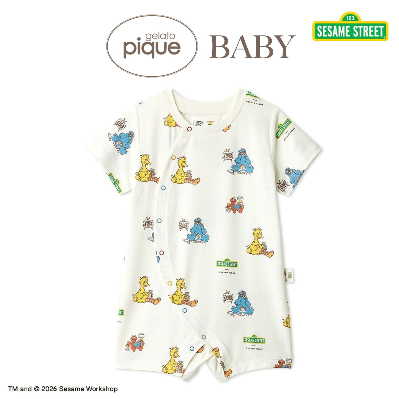 ジェラートピケ ベビー gelato pique BABY SESAME STREET 総柄ロンパース pbco261427 セサミストリート 出産祝い 赤ちゃん ルームウェア 部屋着 パジャマ ジェラピケ 2026春 ギフト 贈り物 プレゼント セレクトショップムー