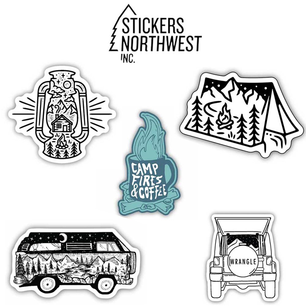 STICKERS NORTHWEST ステッカーノースウエスト PRINTED STICKERS プリントステッカー JEEP ジープラングラー キャンプファイヤー コーヒー 焚き火 テント ランタン バンライフ モチーフ セレクトショップムー