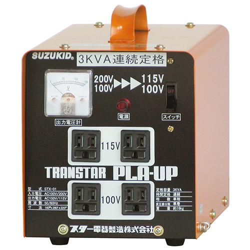 スタンダードな変圧器です。[用途]100Vの電圧を115V・200Vを100V・115Vに変換する。[機能]リアーパネルにあるネジを差し替えるだけで、入力電源100Vでも200Vでも使用できます。下側2ケには115V、上側2ケには100Vが出力されていますので、電動工具によって使い分けが出来ます。使用時間に制限がなく、24時間続けてご使用できる30A連続タイプです。[仕様]●入力電圧：100V/200V。●出力電圧：100V/115V。●出力コンセント：100V・115V各2個。●定格容量：3kVA連続。●相数：単相。●周波数：50/60Hz。●サイズ：160×280×220mm・質量：約16kg。