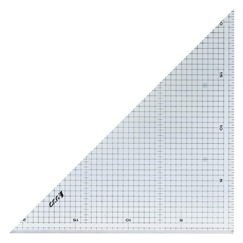 見やすい大きな目盛り数字になっています。[用途]レイアウト作業、線引き作業用スケール。[機能]目盛30cmの三角定規です。方眼目盛付です。[仕様]●厚さ：2mm。●重量：(直角二等辺三角形)53g・(直角三角形)63g。●1度の変化で1mmに対して7〜8×10mmの5乗伸縮。●2枚組。[材質]●アクリル樹脂。