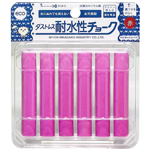 石膏チョークに比べて2倍長持ちします。[用途]建築用チョーク。[機能]ホタテの貝殻を主原料として使用しているため、粉の飛散が少なくソフトな書き心地です。石膏チョークに比べ2倍以上長く使用でき、経済的です。主原料の炭酸カルシウムは、歯磨き粉にも使われる成分で、体に安心・安全です。手につきにくいコーティング加工で清潔です。水にぬれても消えない全天候型なので、屋外用の黒板に最適です。[仕様]●6本入り。●色：赤。[材質]●炭酸カルシウム。●ホタテ貝殻粉末。