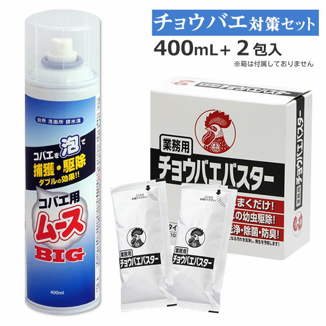 風呂場 コバエ駆除セット コバエ用ムースBIG 400ml+チョウバエバスター 25g×2包 排水 水回り コバエ チョウバエ 駆除 お風呂場や排水口のコバエ対策エプロン内部 キッチン 流し台 排水 コバエ駆除 ちょうばえ 退治泡で殺虫 ムース剤 殺虫剤 発生源対策