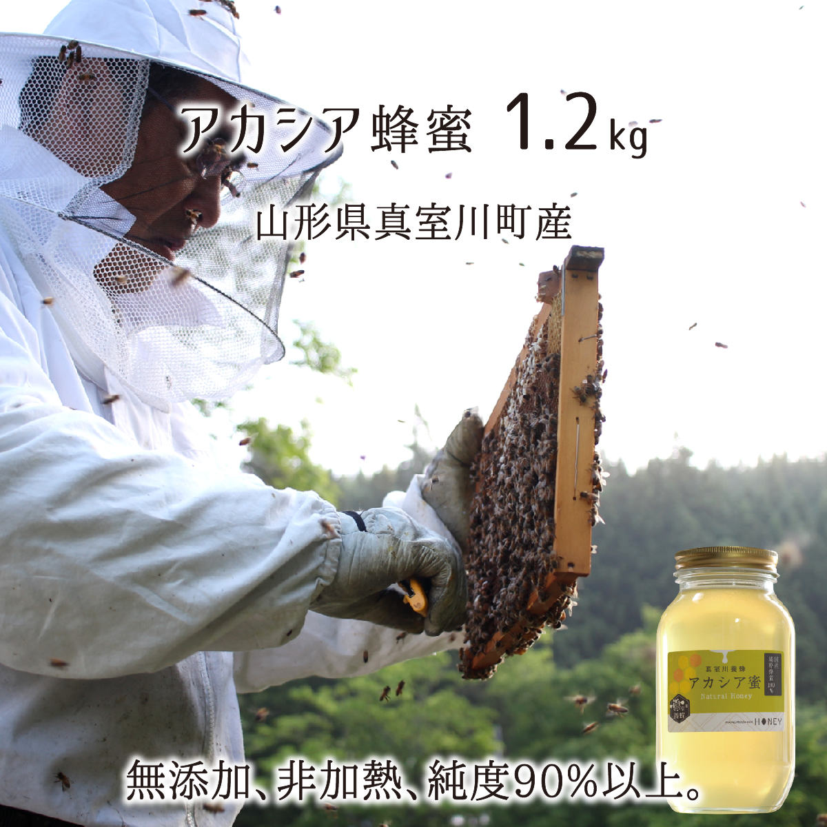 アカシア蜂蜜(糖度80以上、純度90以上) 無添加 非加熱 全原材料国産 天然 純粋蜂蜜 山形県真室川町産 2024年採蜜 1.2kg 送料無料のサムネイル