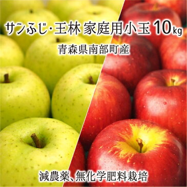 サンふじ/王林 秀品・訳あり混載(小玉) 10kg(サンふじ5kg 王林5kg) 減農薬 無化学肥料 青森県南部町産 家庭用 46〜60玉 11月中旬〜2月中旬 送料無料