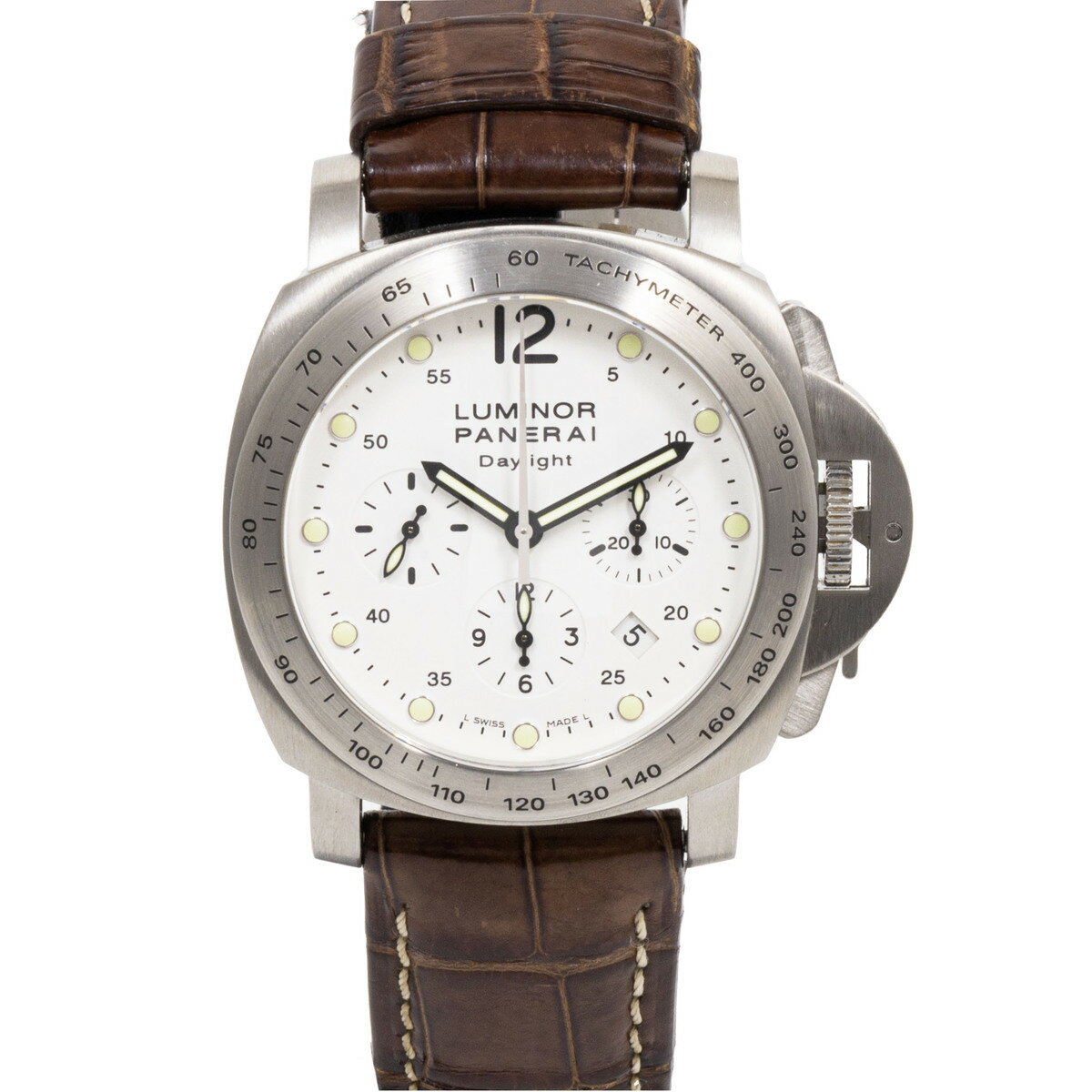 【中古】【5万円割引!! 3月限定SALE!!】PANERAI パネライ ルミノールクロノグラフデイライト PAM00251 SS レザー ホワイト 自動 時計【1年間保証・OH仕上げ済】