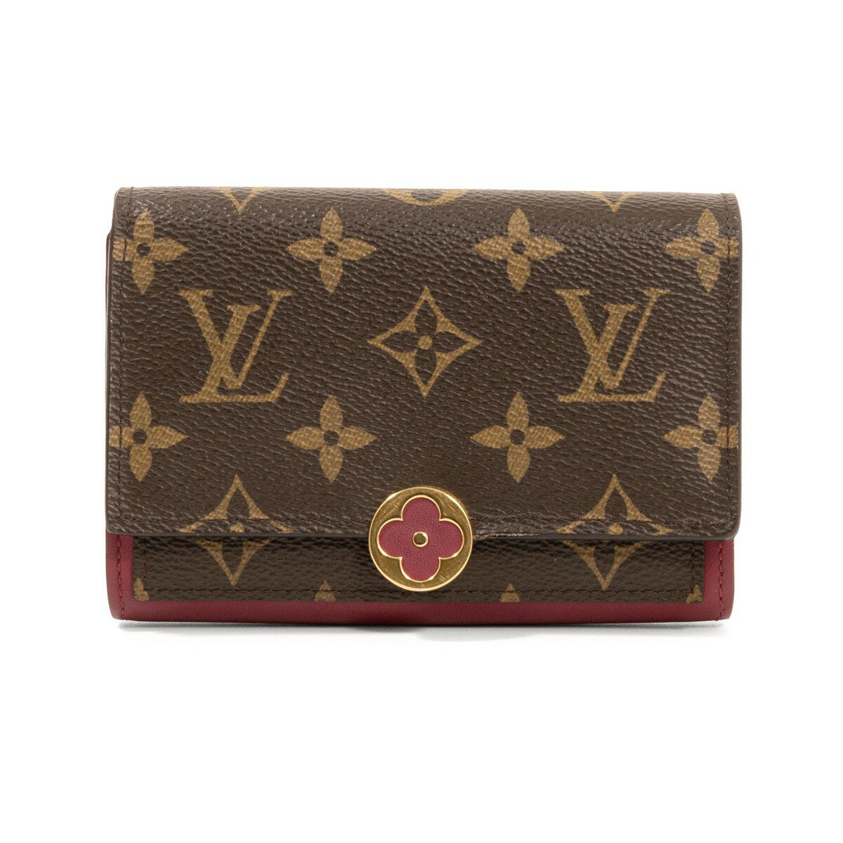 【中古】LOUIS VUITTON ルイヴィトン ポルトフォイユ・フロール コンパクト M64588 2つ折り財布 モノグラム・キャンバス×レザー ブラウン×ピンク