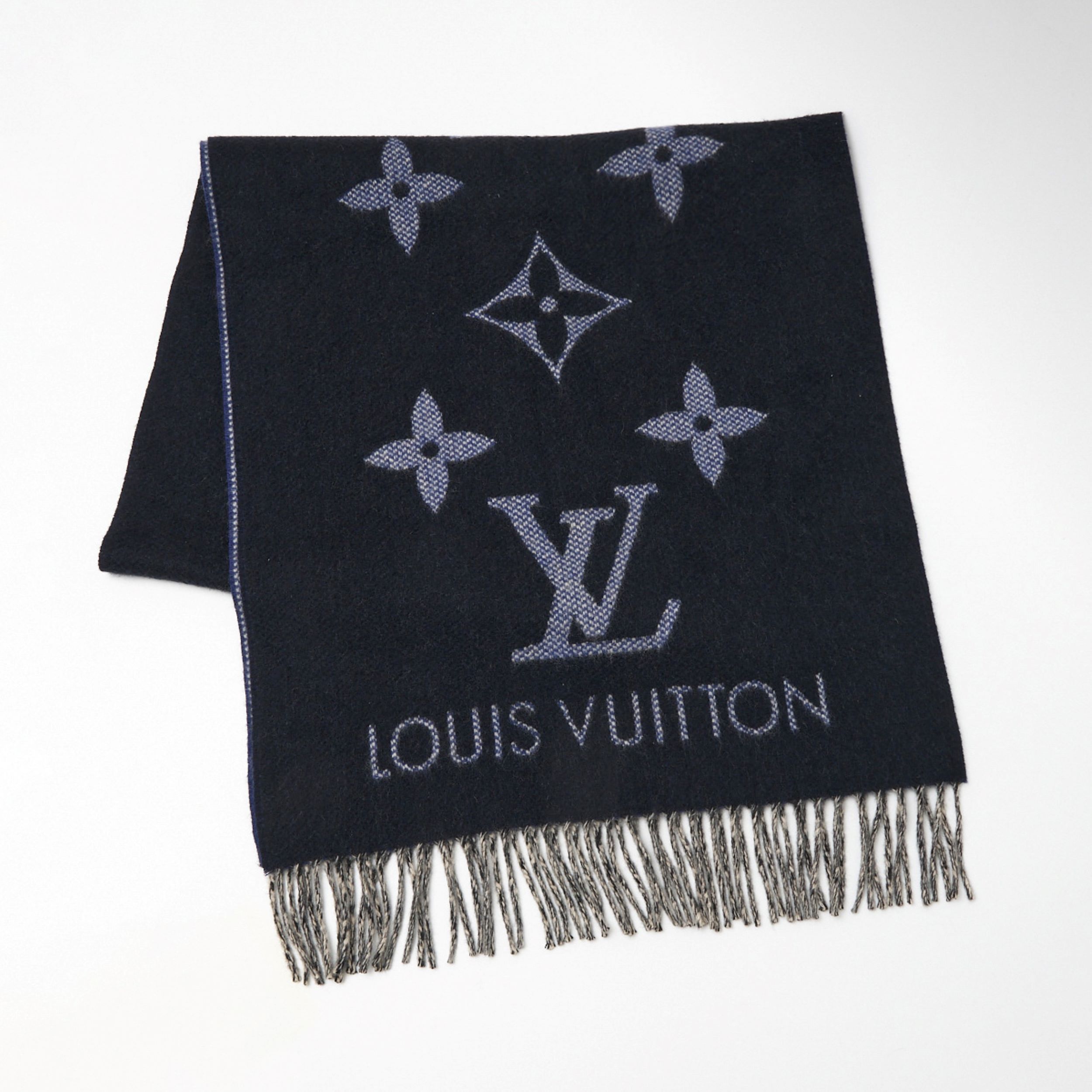 【中古】LOUIS VUITTON ルイヴィトン エシャルプ レイキャビック デシン M76702 マフラー ストール カシミヤ モノグラム ネイビー×ホワイト