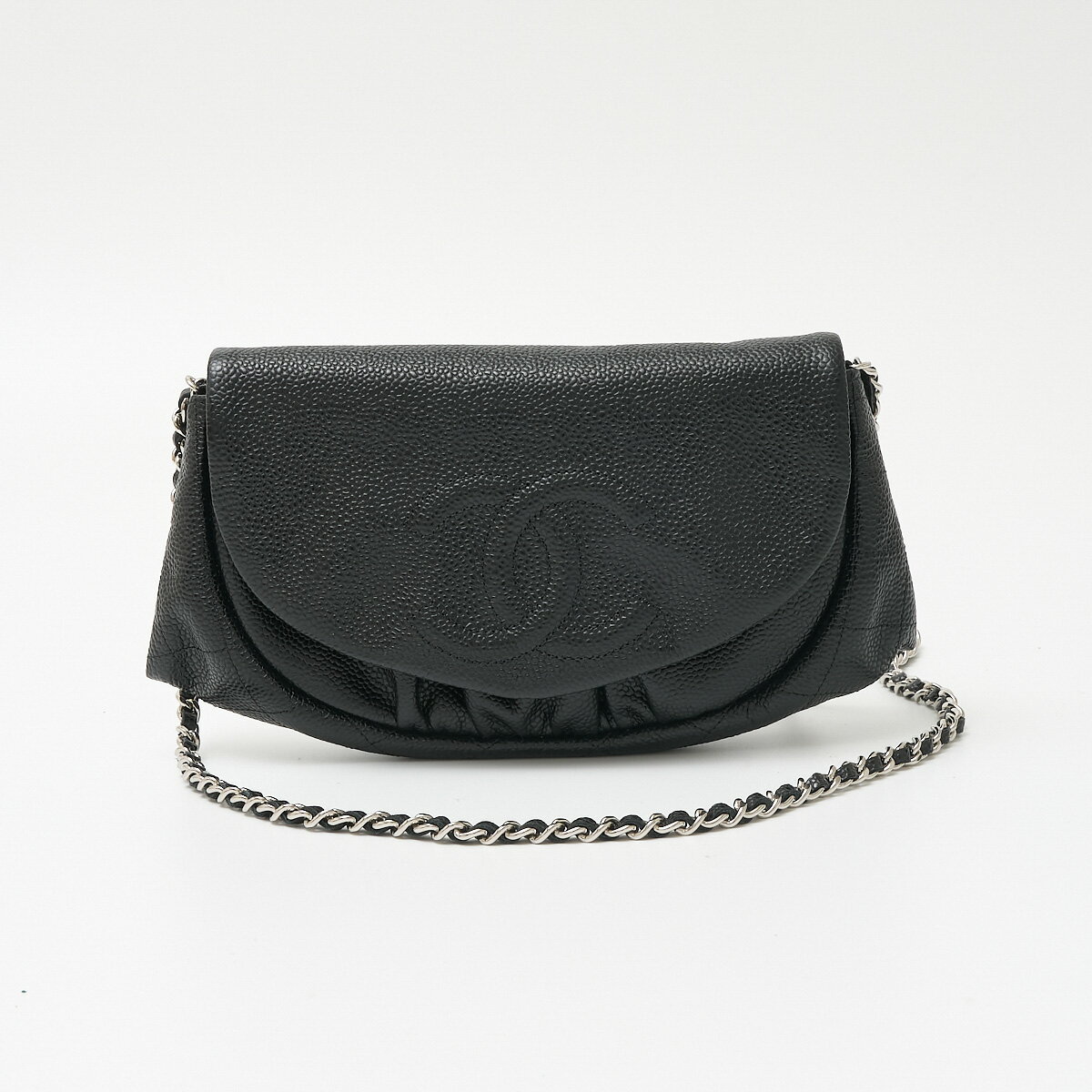 【中古】CHANEL シャネル ハーフムーン チェーンウォレット 長財布 キャビアスキン ブラック×シルバー金具 15番台（2011年頃製造） レディース